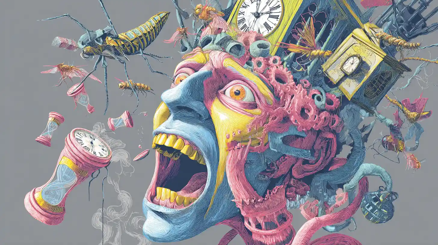 Surreal distorted face with mechanical insects and machines