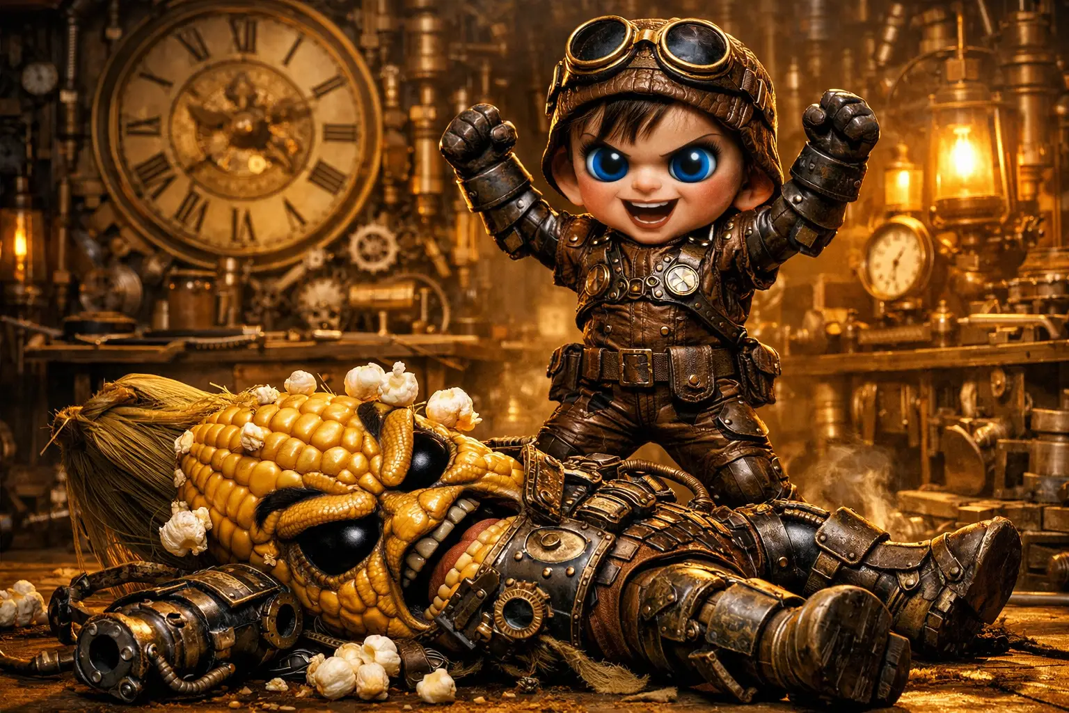 Garçon steampunk victorieux face à un menaçant ennemi de maïs mécanique