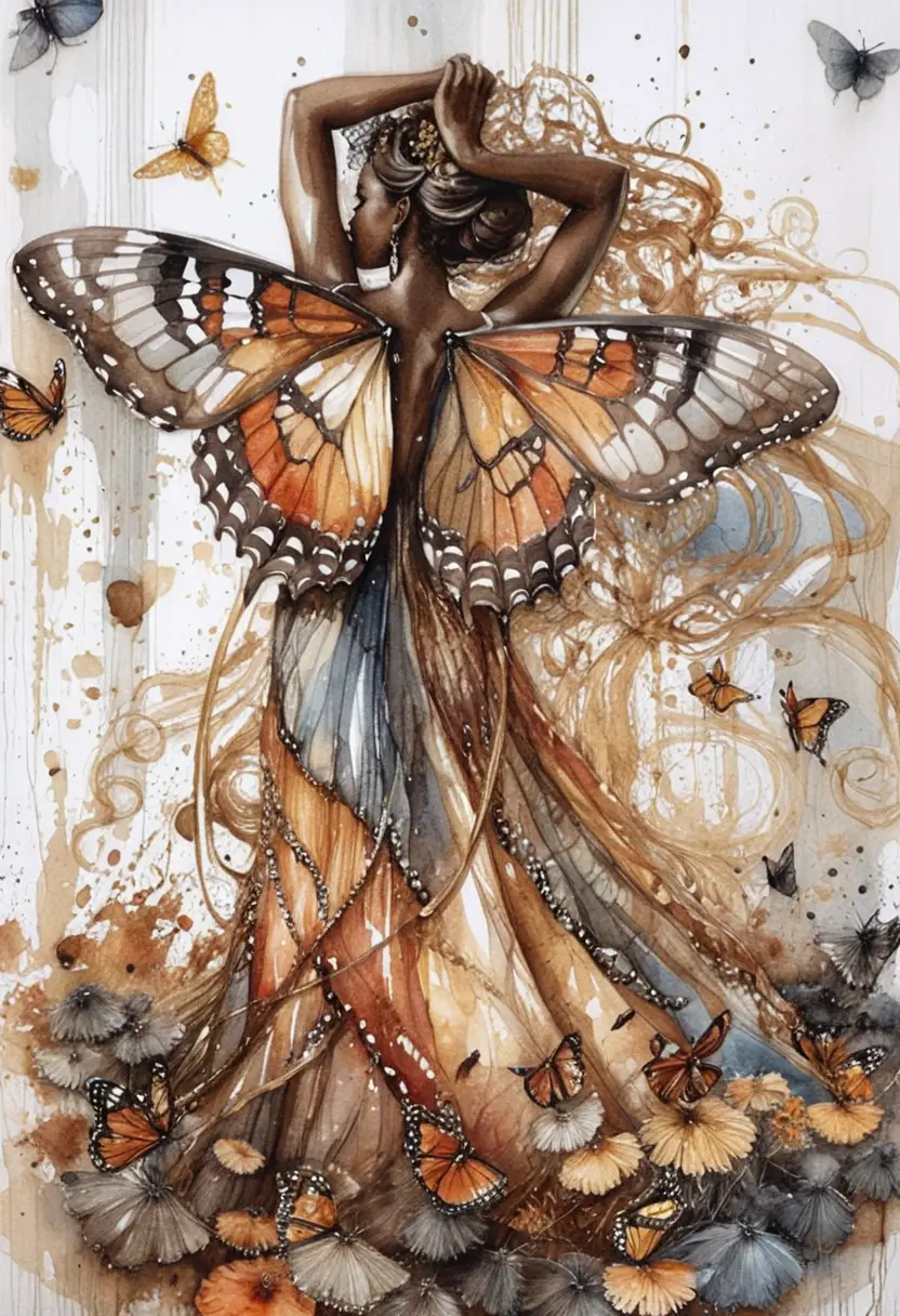 Graceful woman with butterfly wings in watercolor profile