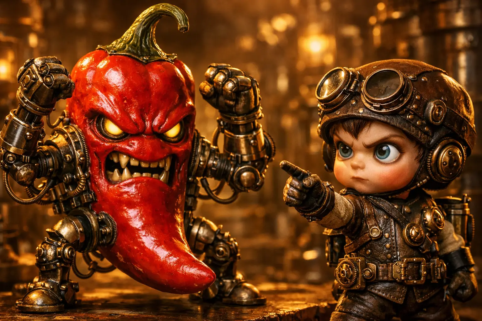 Piment chili steampunk face à un courageux garçon mécanique