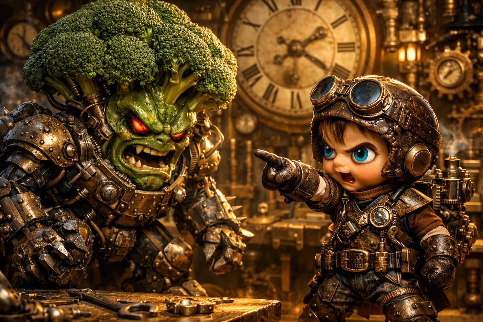 Steampunk-Junge stellt sich bedrohlichem mechanischem Brokkoli in Werkstatt
