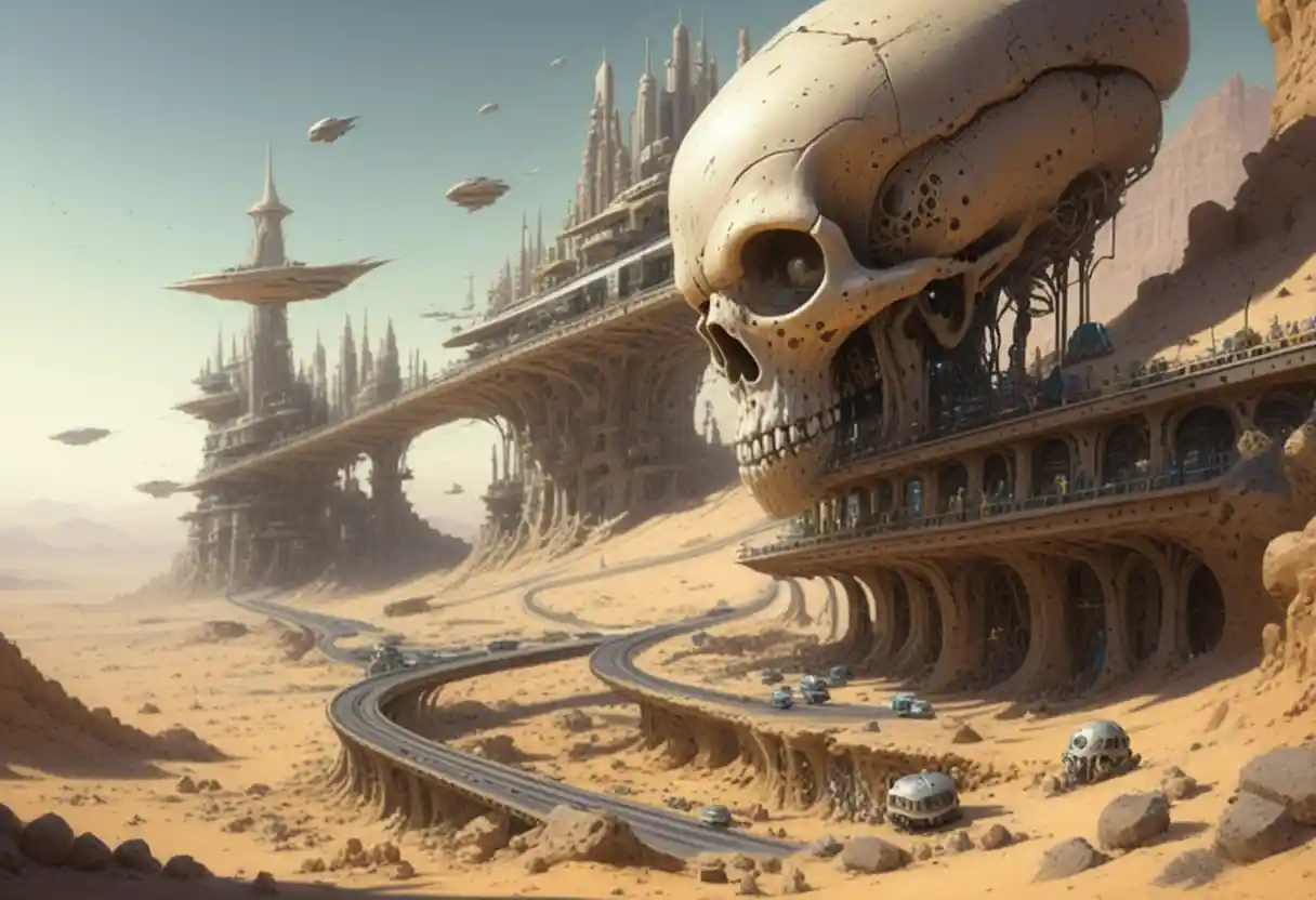 Città futuristiche costruite dentro di giganteschi teschi alieni nel deserto