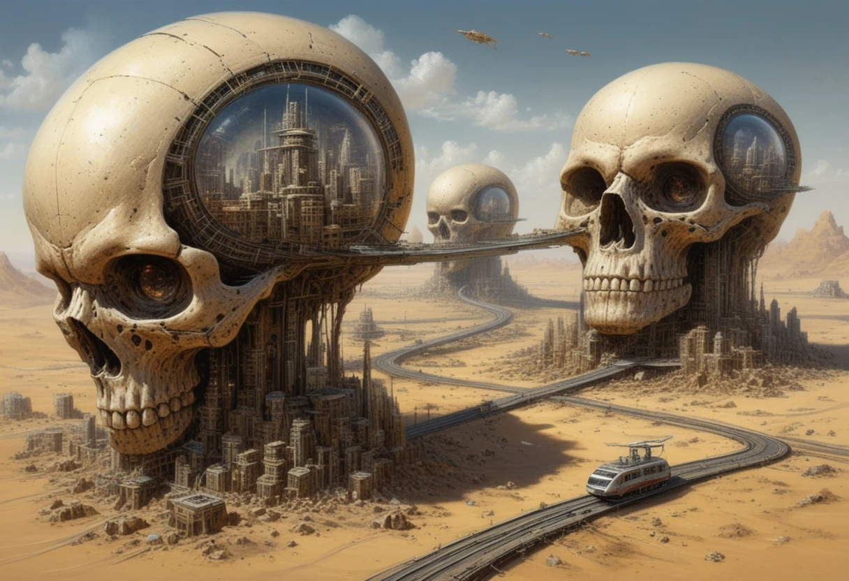 Città futuristiche surreali costruite dentro di teschi alieni nel deserto