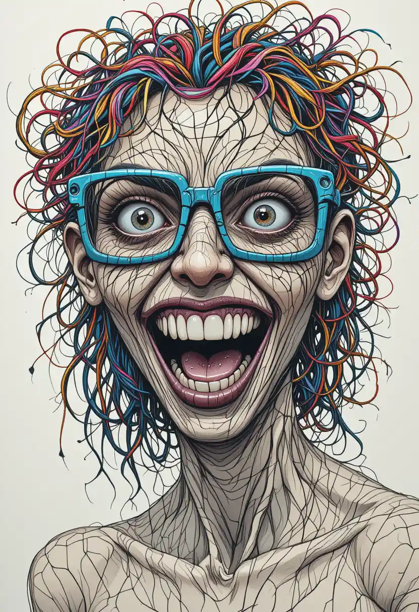 Surreal scribble faced woman with chaotic cable hair