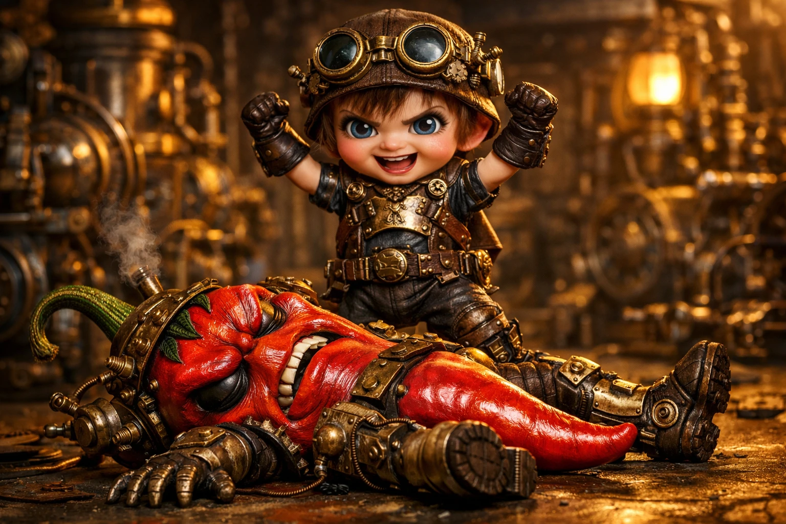 Peperoncino steampunk sconfitto da un ragazzo meccanico trionfante
