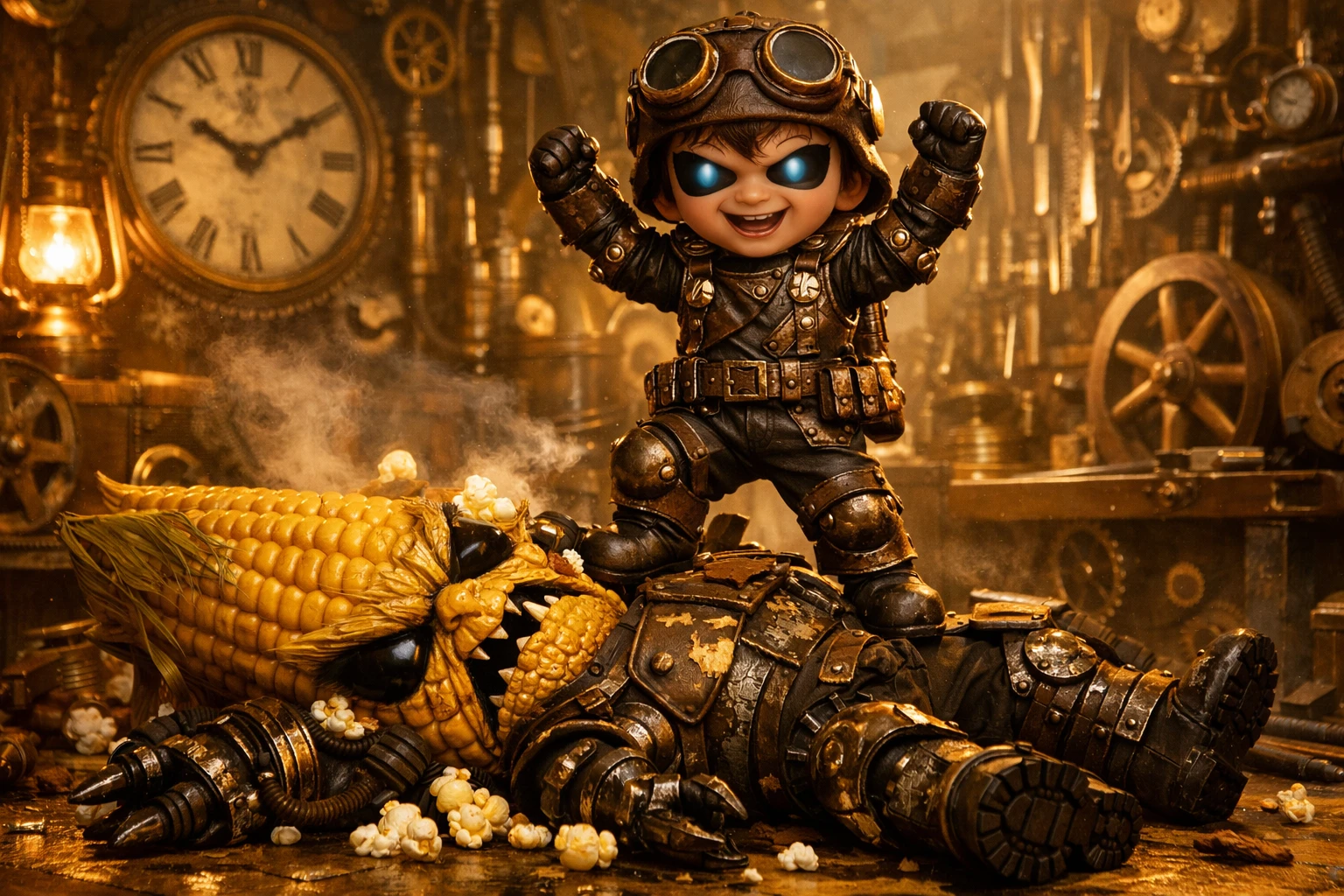 Garçon steampunk victorieux sur un épi de maïs mécanique maléfique