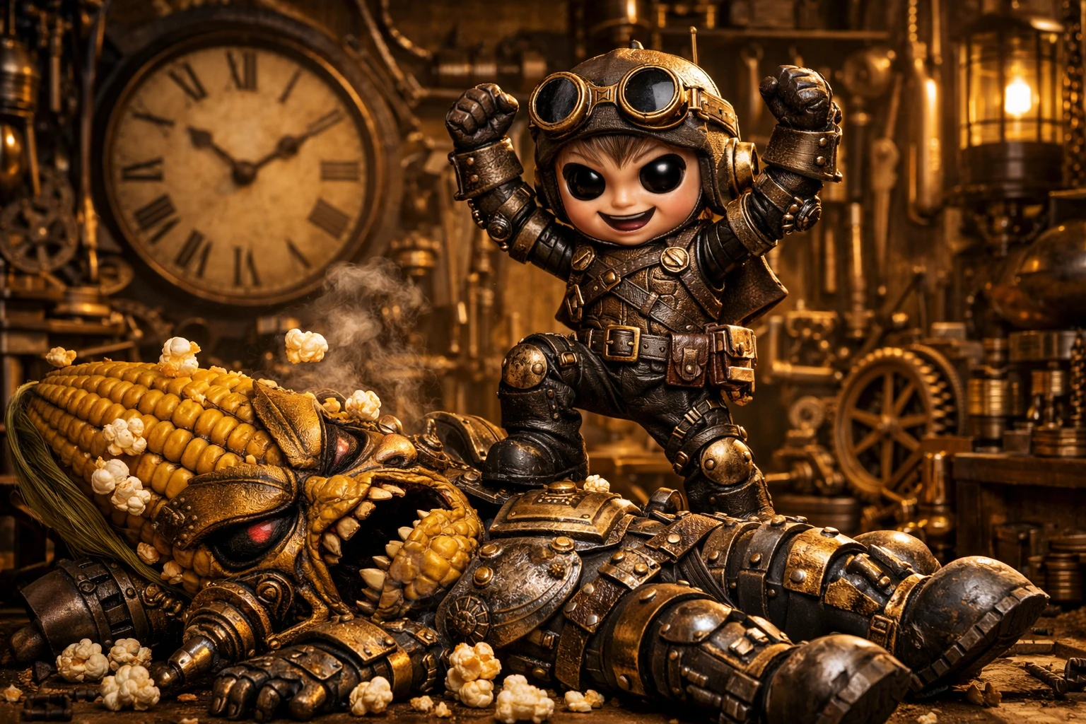 Garçon steampunk triomphe d’un épi de maïs maléfique dans l’atelier