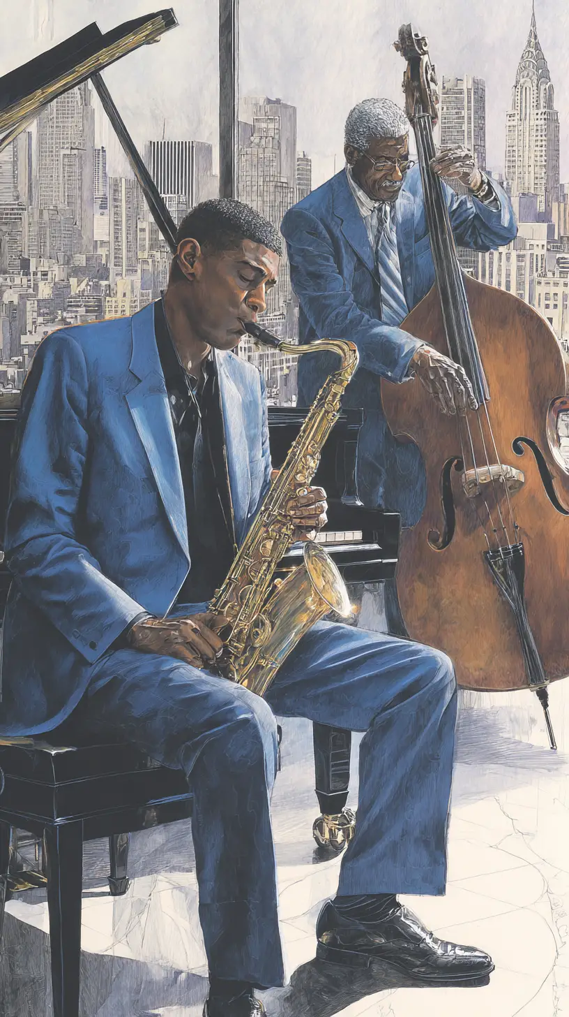 Élégant duo de jazz dans un club de luxe avec vue sur le skyline – dessin