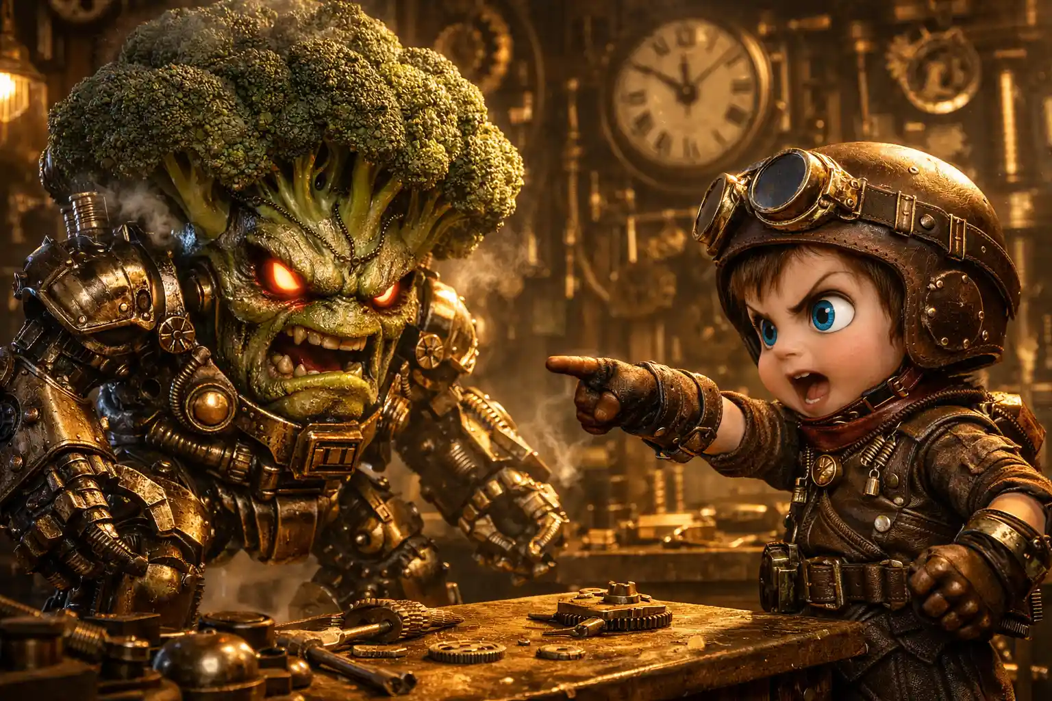 Ragazzo steampunk affronta un broccolo corazzato in un laboratorio teso