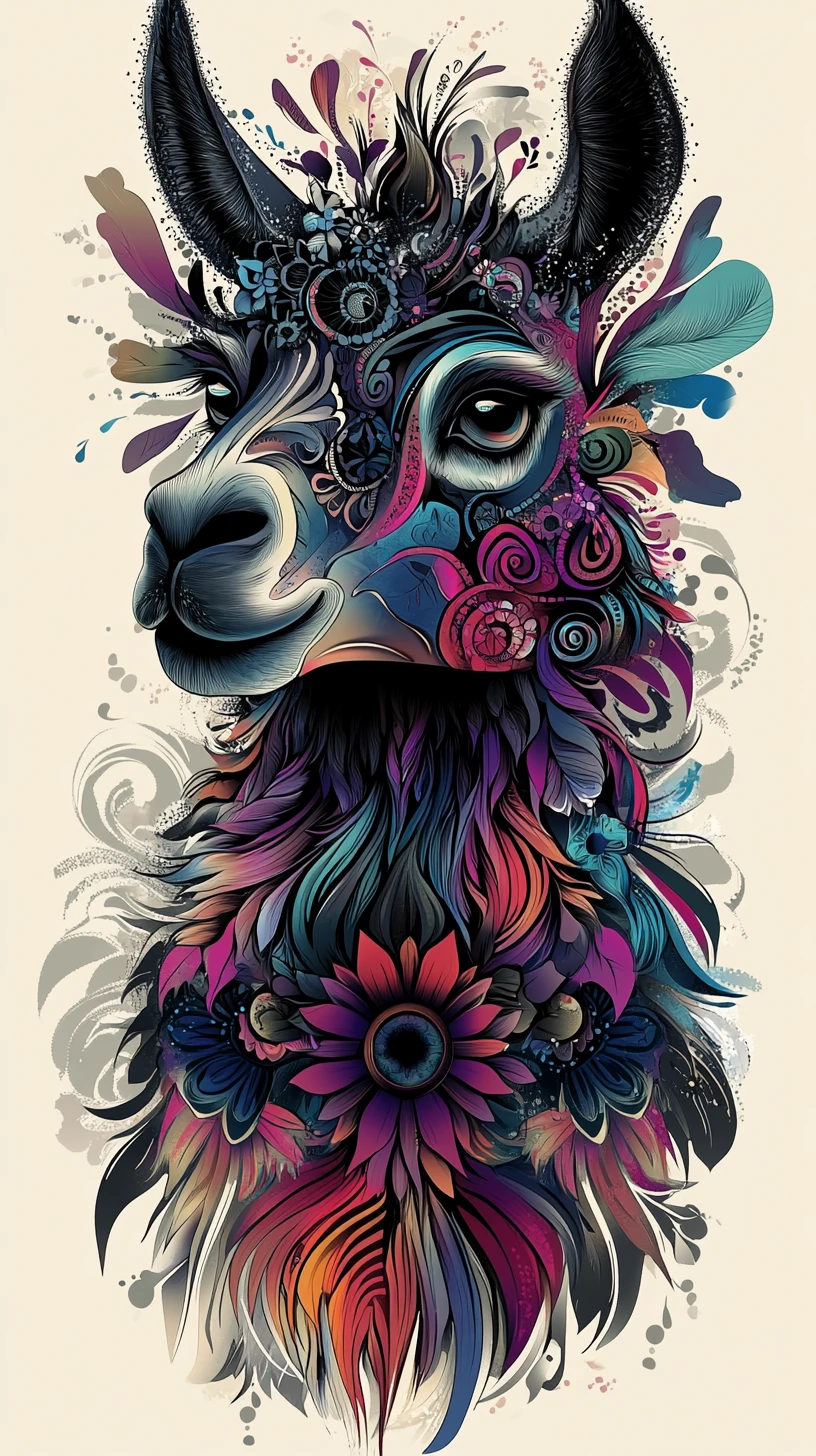 Bunte psychedelische Lama-Illustration mit Mandala-Mustern