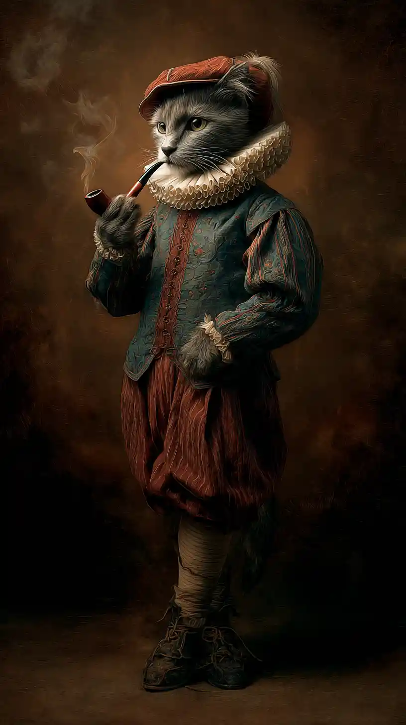 Regal cat standing upright in shakespearean clothing