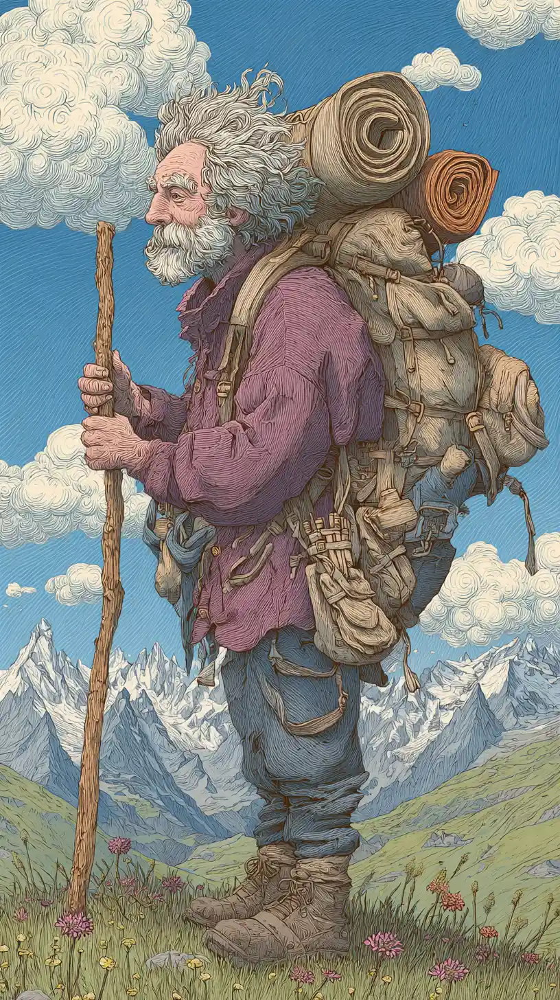 Old hiker with backpack standing in alpine meadow