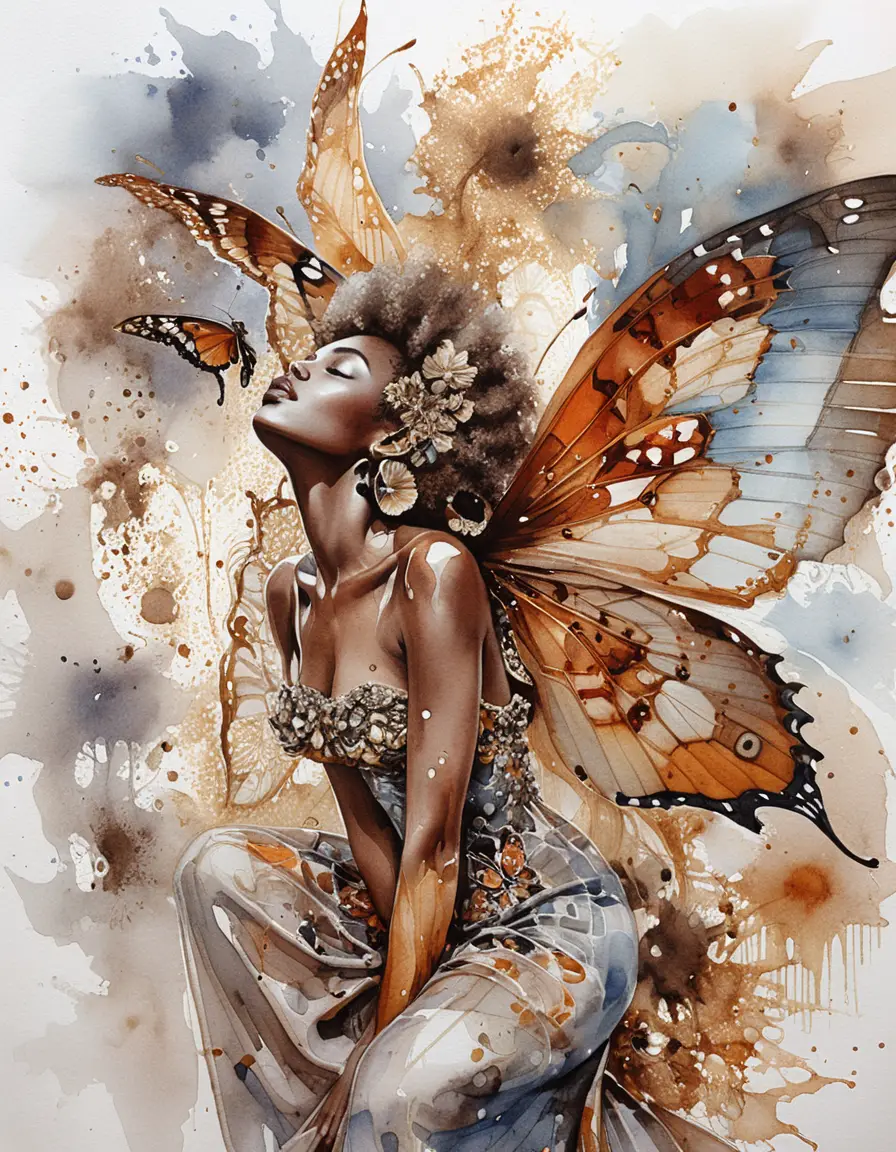 Watercolor butterfly winged woman in minimalist gallery