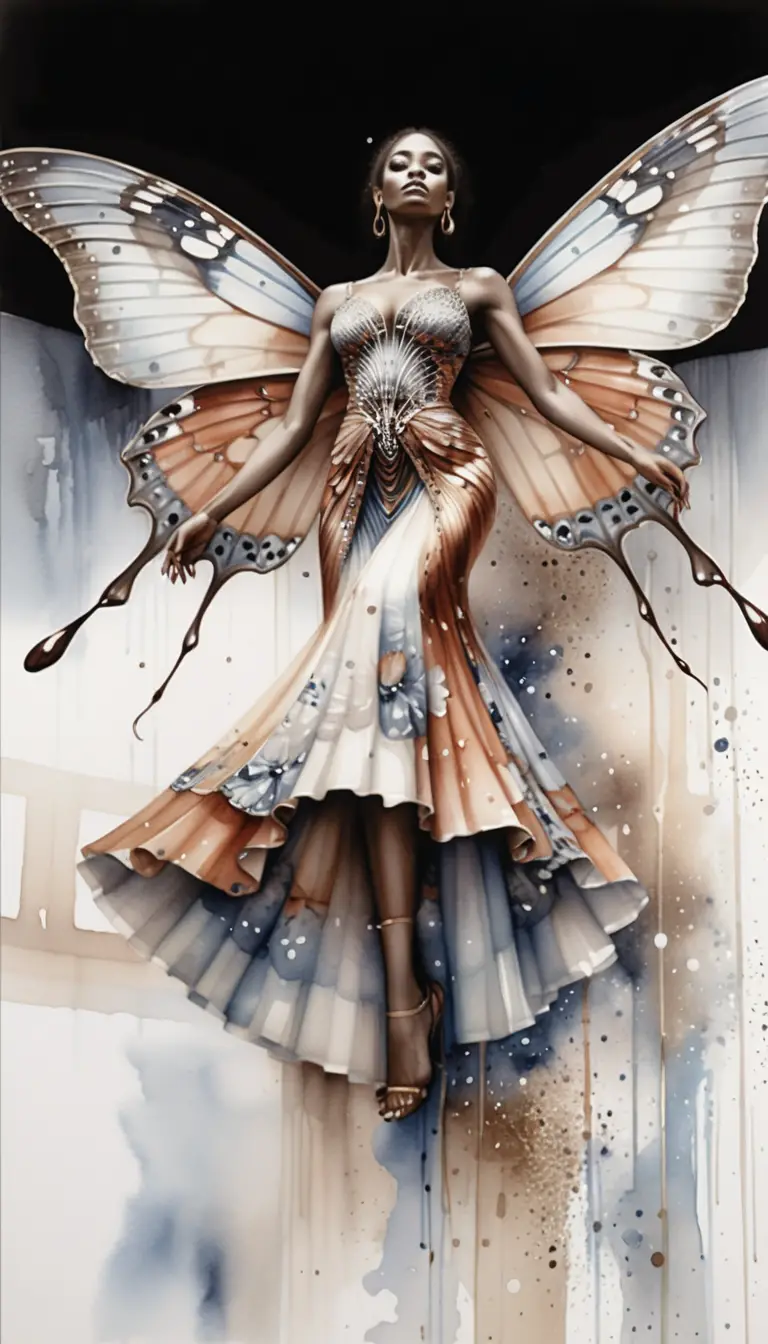 Graceful woman with butterfly wings in watercolor profile