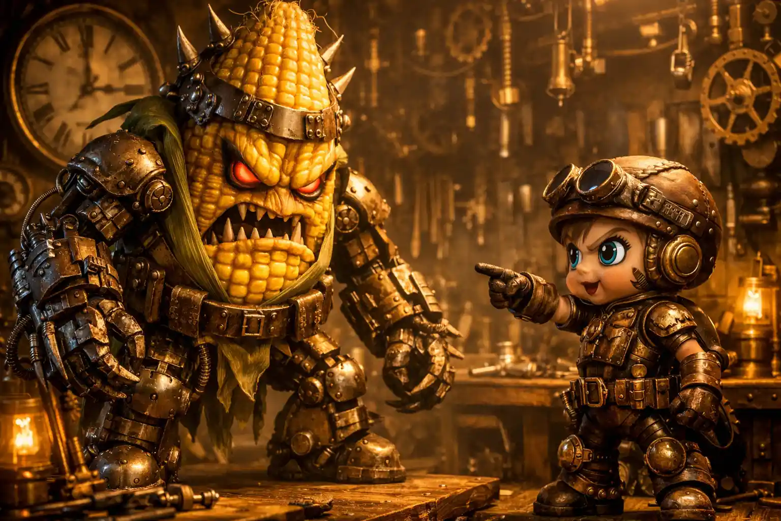 Duel steampunk entre épi de maïs maléfique et courageux garçon robot