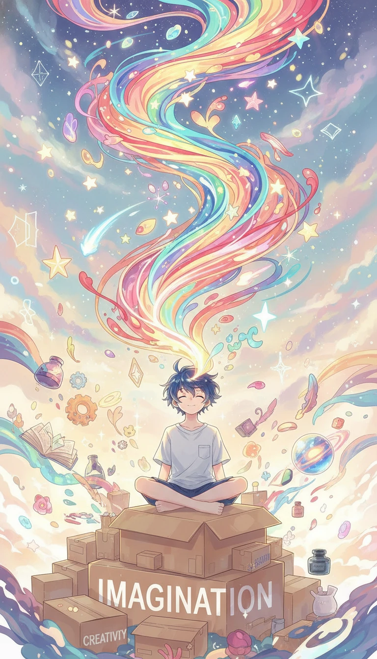想像力と創造性の箱に座るアニメ少年