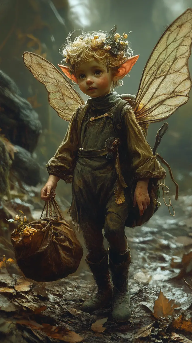 Small hardworking brownie fairy bringing good household fortune