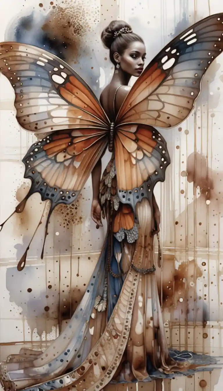 Elegant butterfly winged woman in watercolor gallery scene