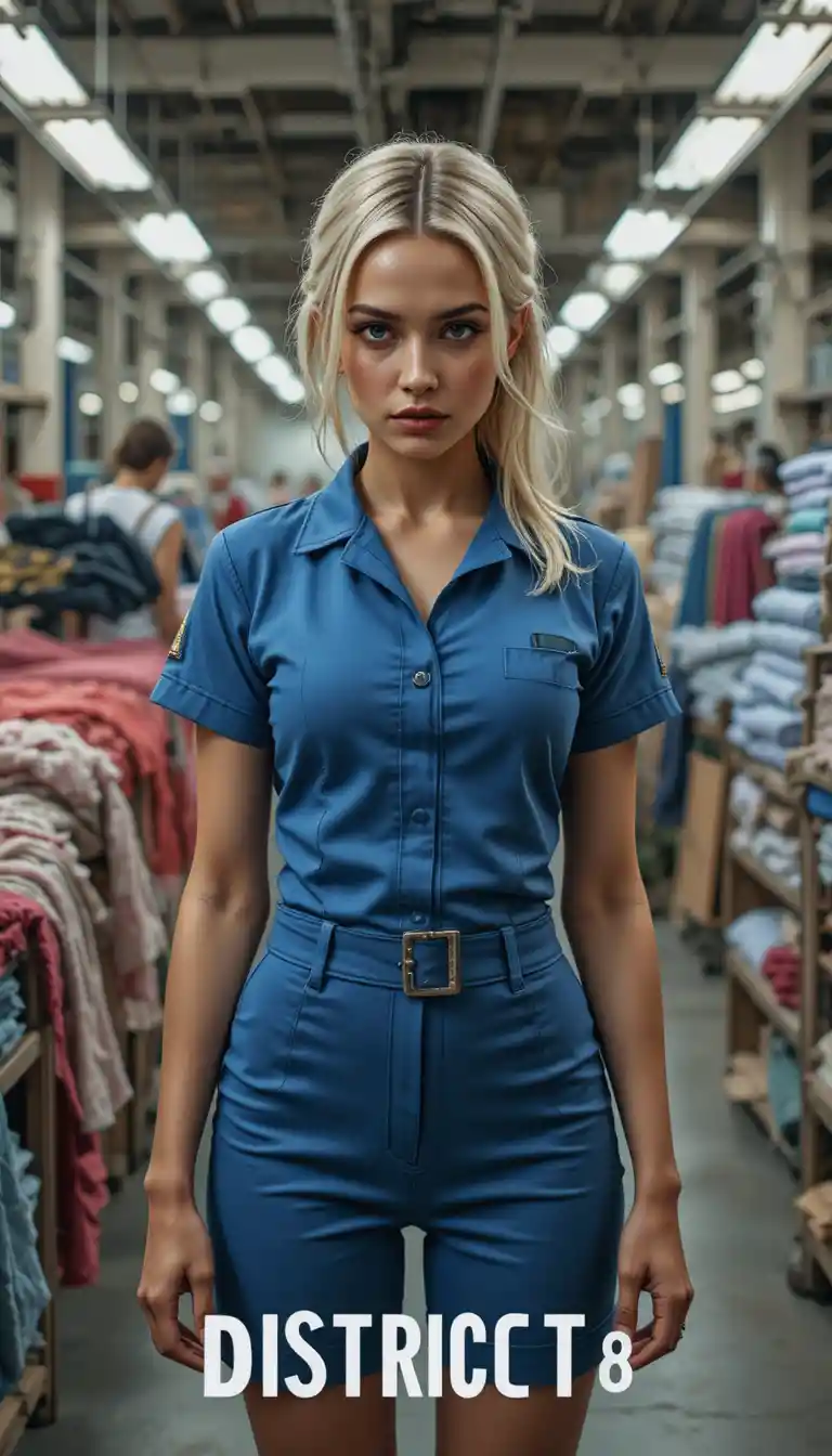 Young woman in factory uniform staring intensely at camera