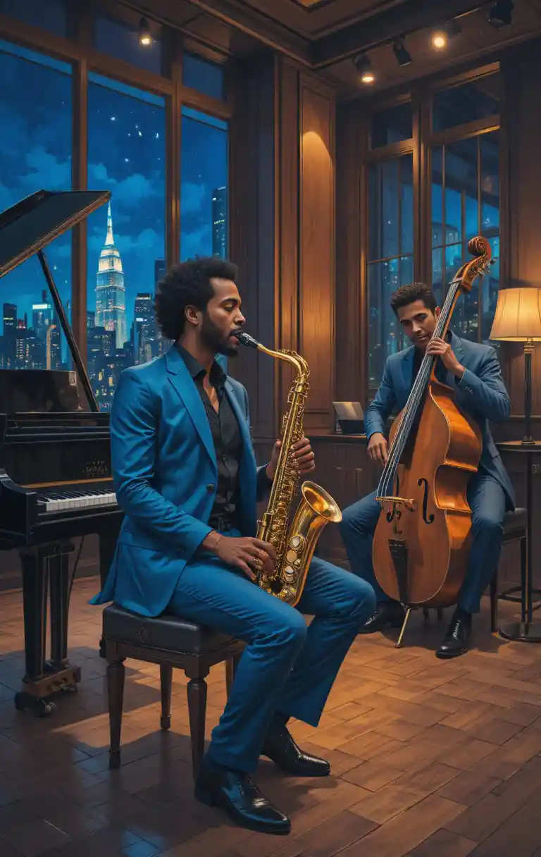 Saxophoniste et bassiste de jazz élégants dans un club de luxe