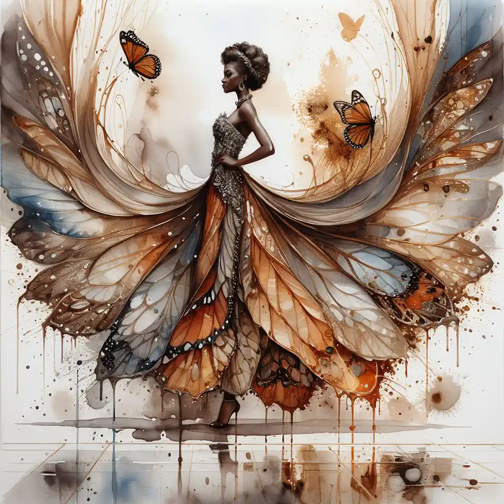 Watercolor woman merging with grand butterfly wings in gallery