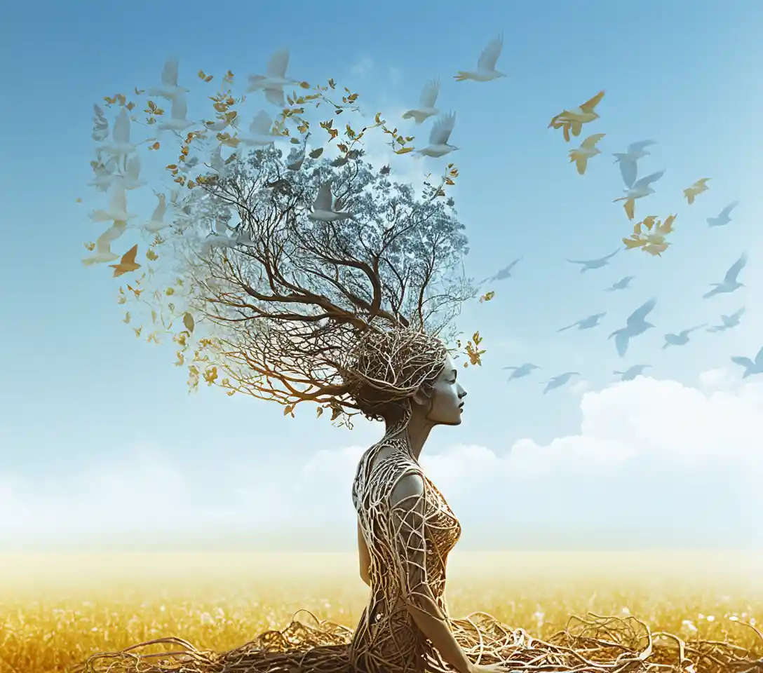 Donna in meditazione che si fonde con le radici di un albero al tramonto