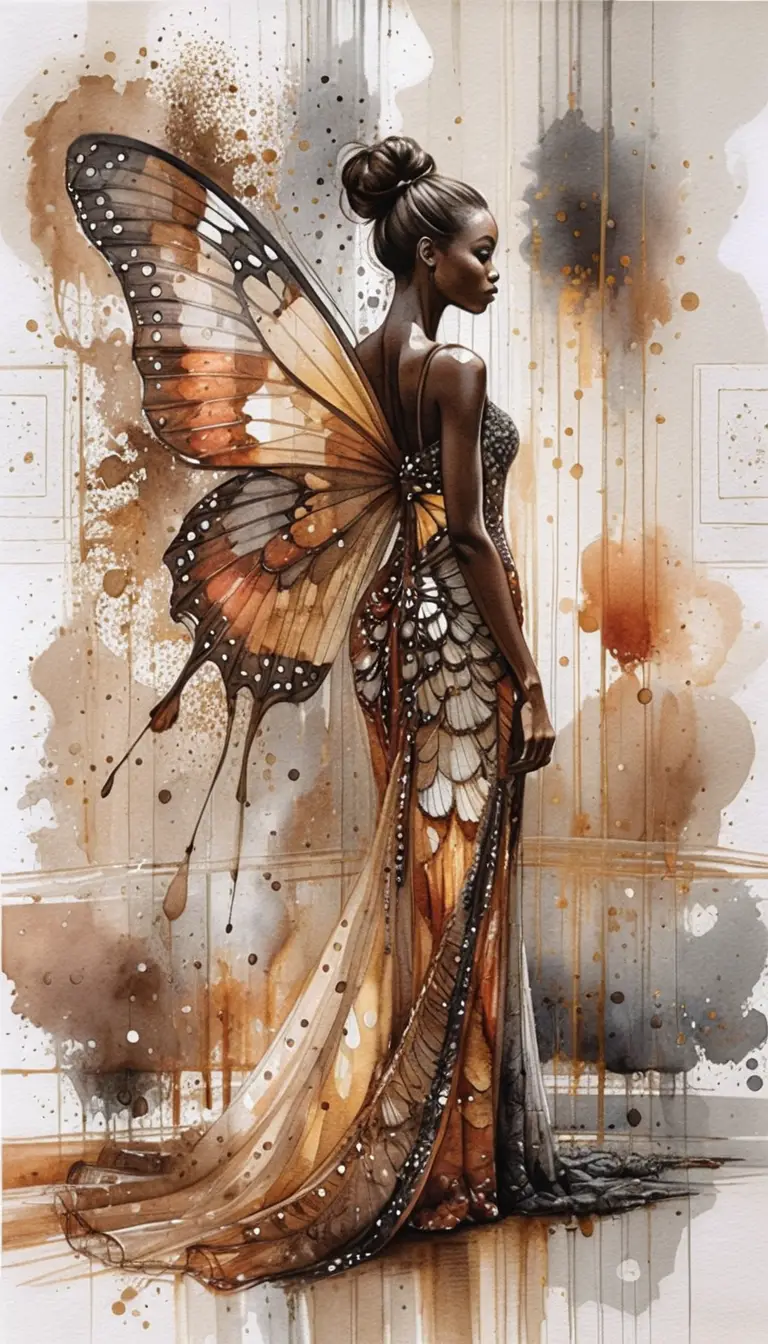 Watercolor woman with butterfly wing gown in gallery