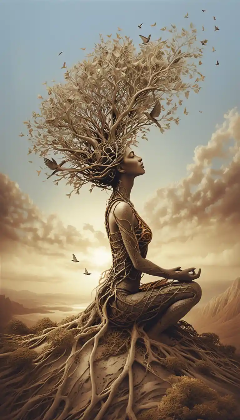Meditating woman merging with tree roots at sunset