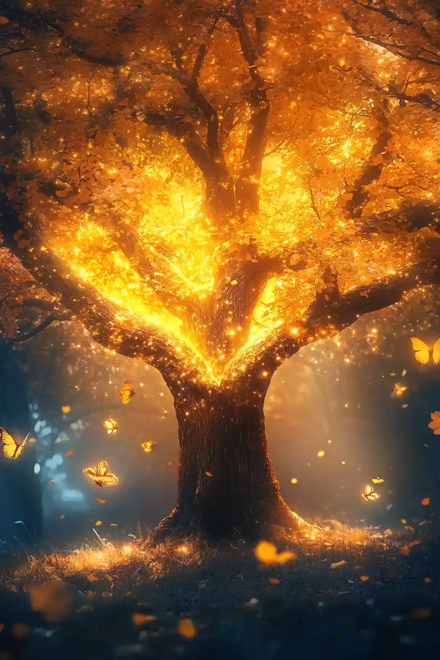Glowing Fantasy Tree In An Enchanted Autumn Forest