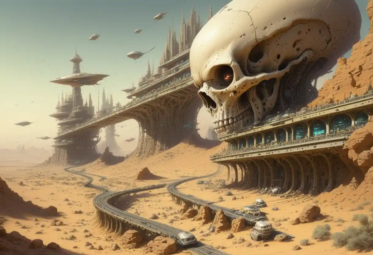 Futuristic cities built inside alien skulls in the desert