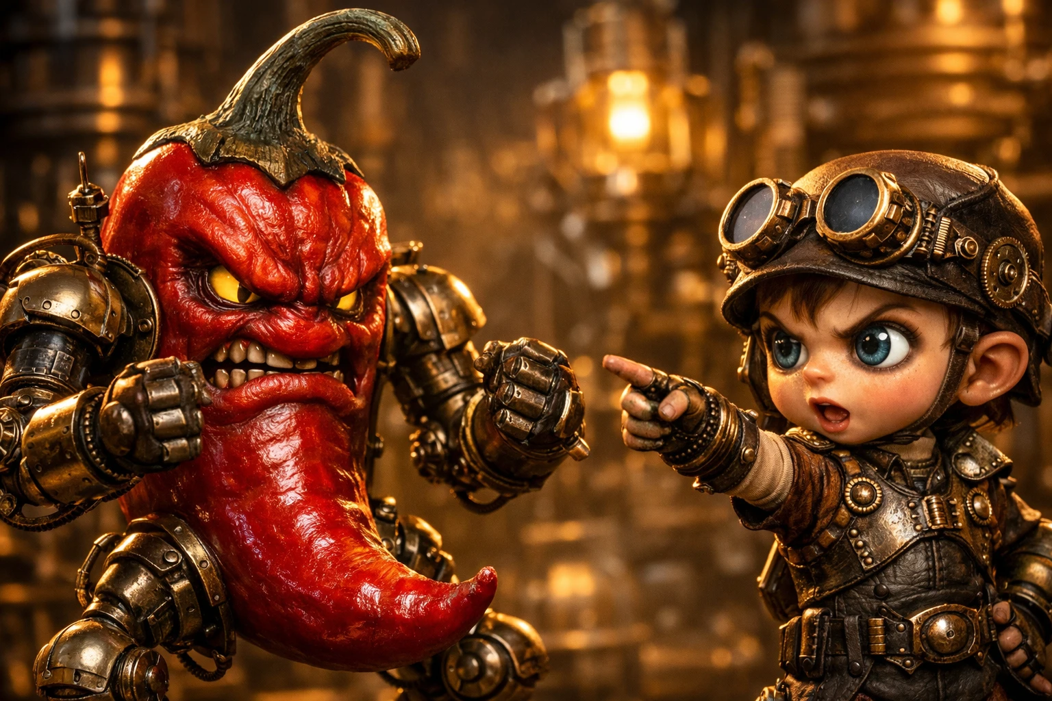 Peperoncino steampunk che affronta un coraggioso ragazzo meccanico