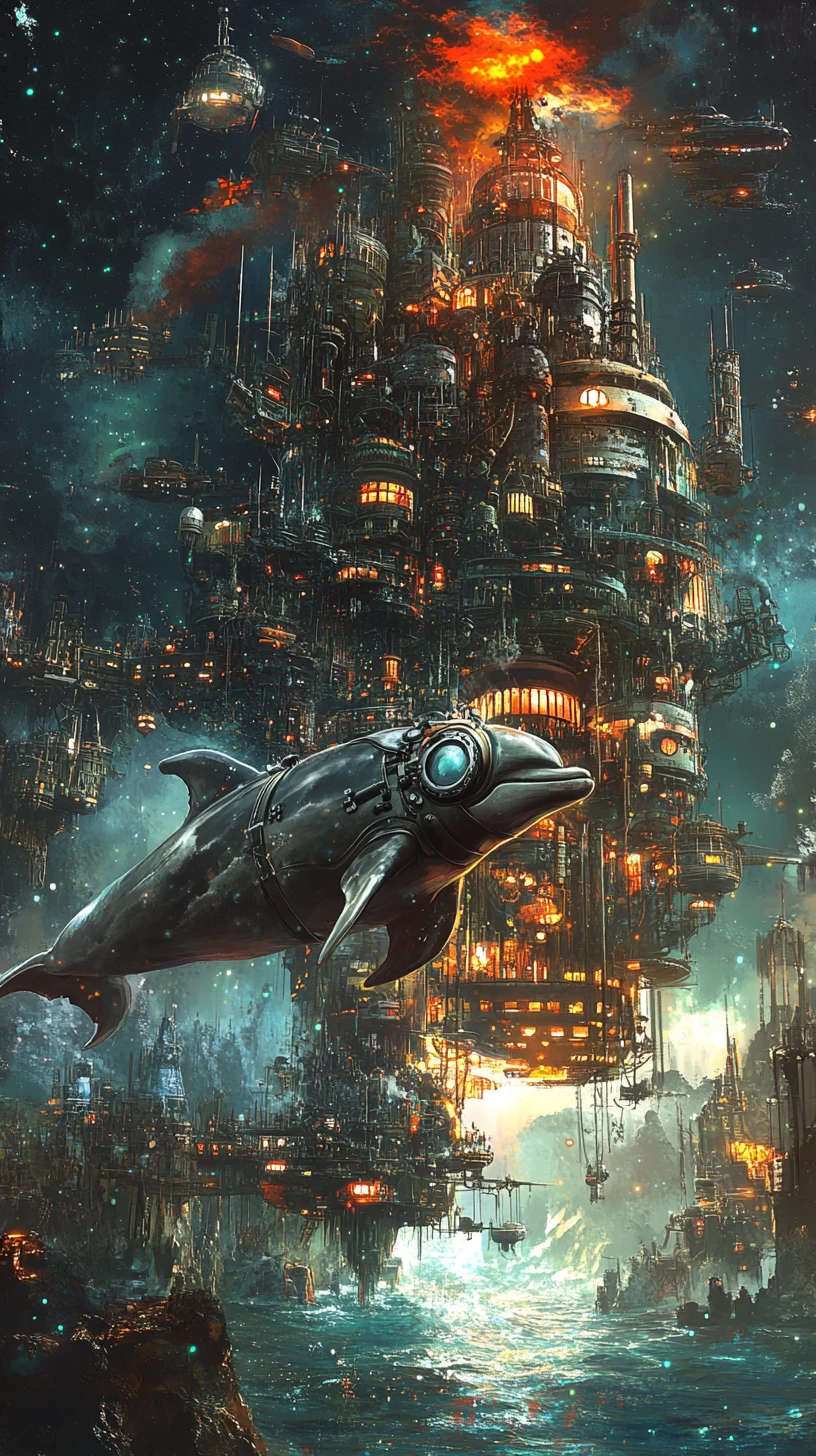Delfino steampunk surreale accanto a un paesaggio urbano sommerso