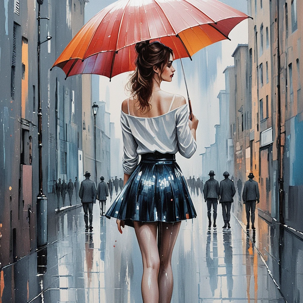 Elegant woman with red umbrella on rainy city street