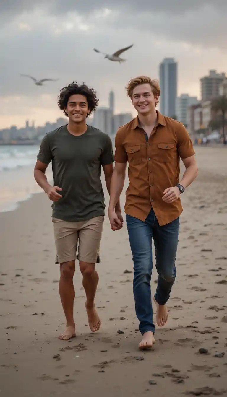 Teenage couple running hand in hand along sunset beach
