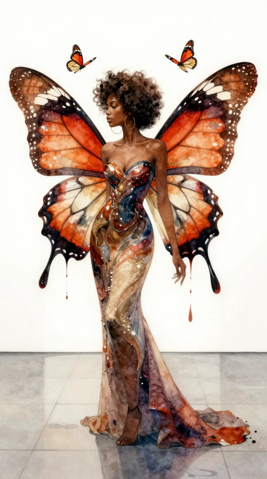 Elegant butterfly winged woman in watercolor gallery scene