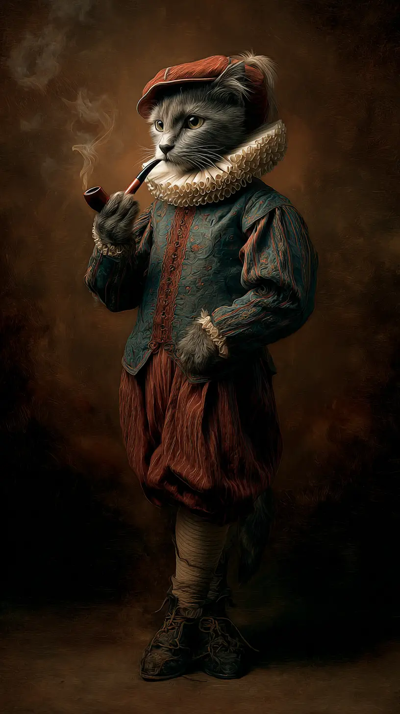 Regal cat standing upright in shakespearean clothing
