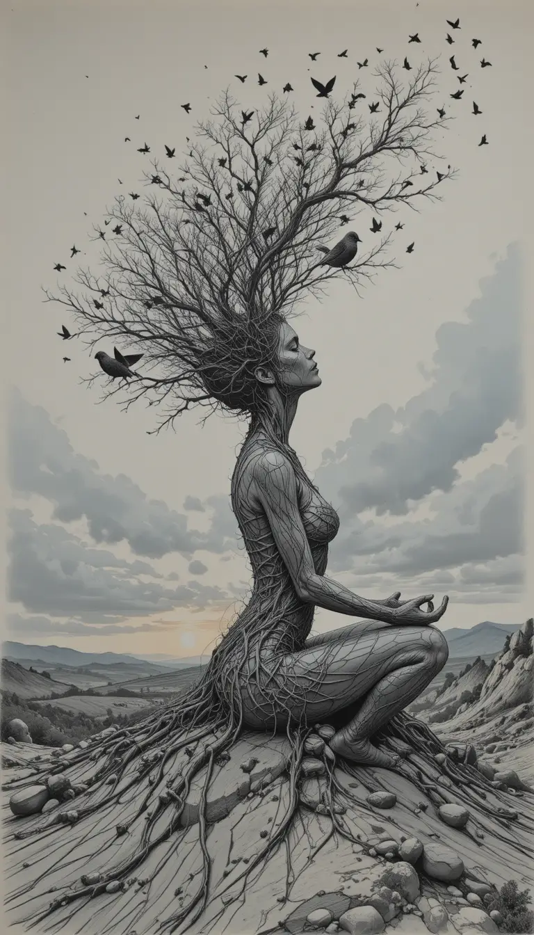 Meditating woman merging with tree roots at sunset