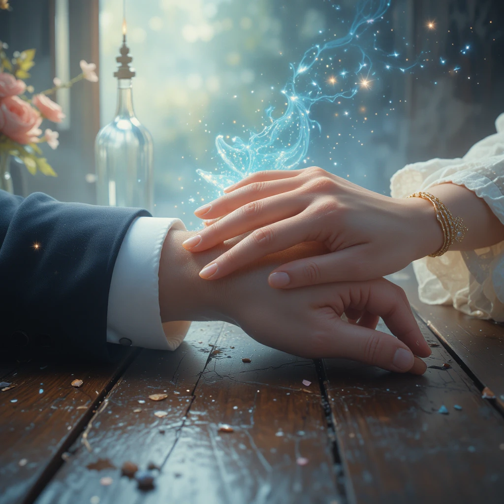 Tender close up of two hands touching on a table