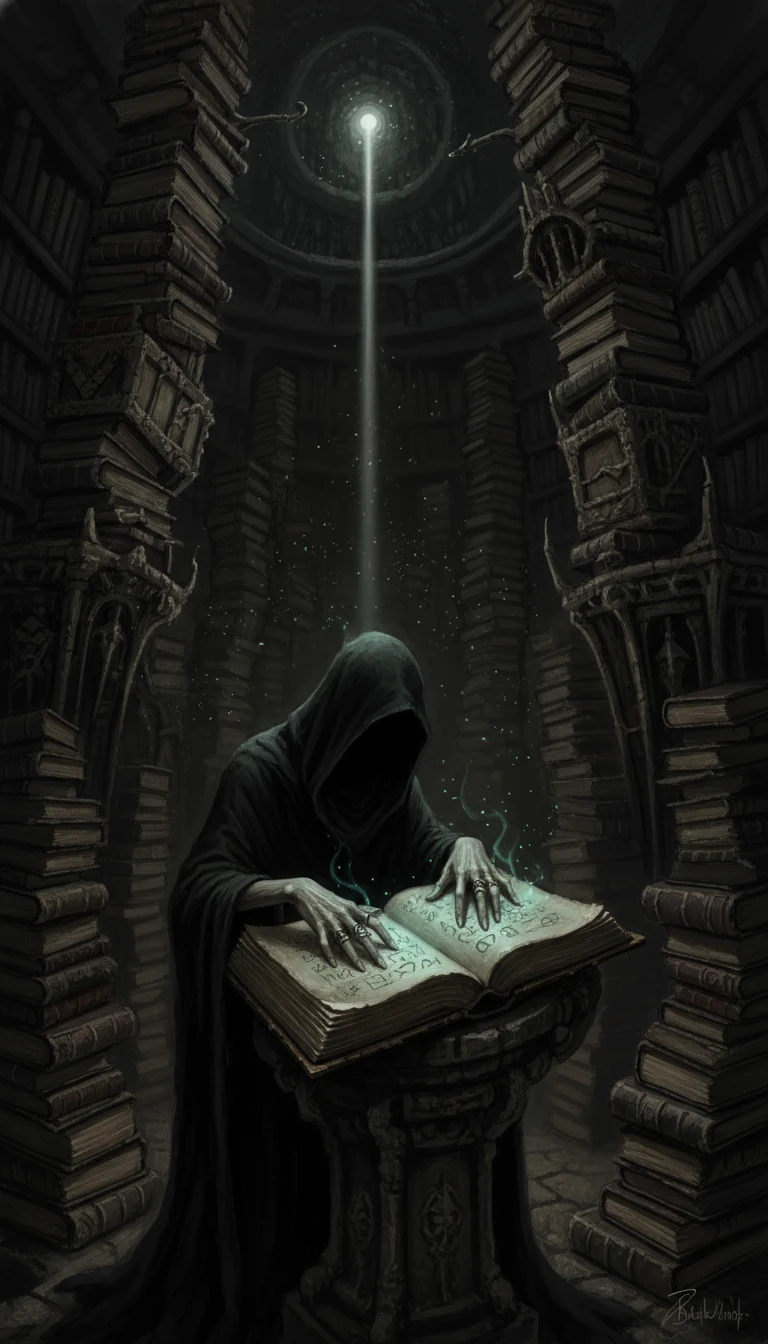 Strega solitaria che legge in un'antica biblioteca al chiaro di luna