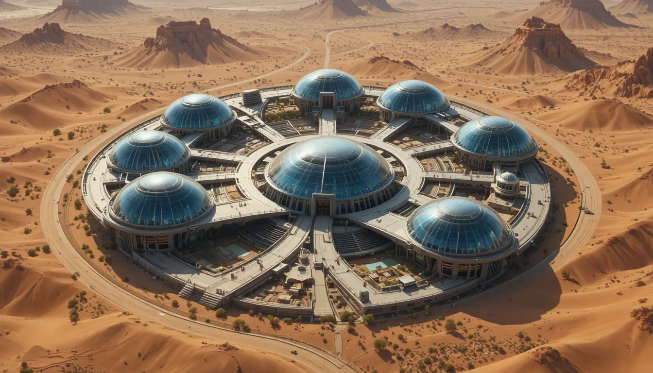 Futuristic Circular City Rising From A Vast Desert Landscape