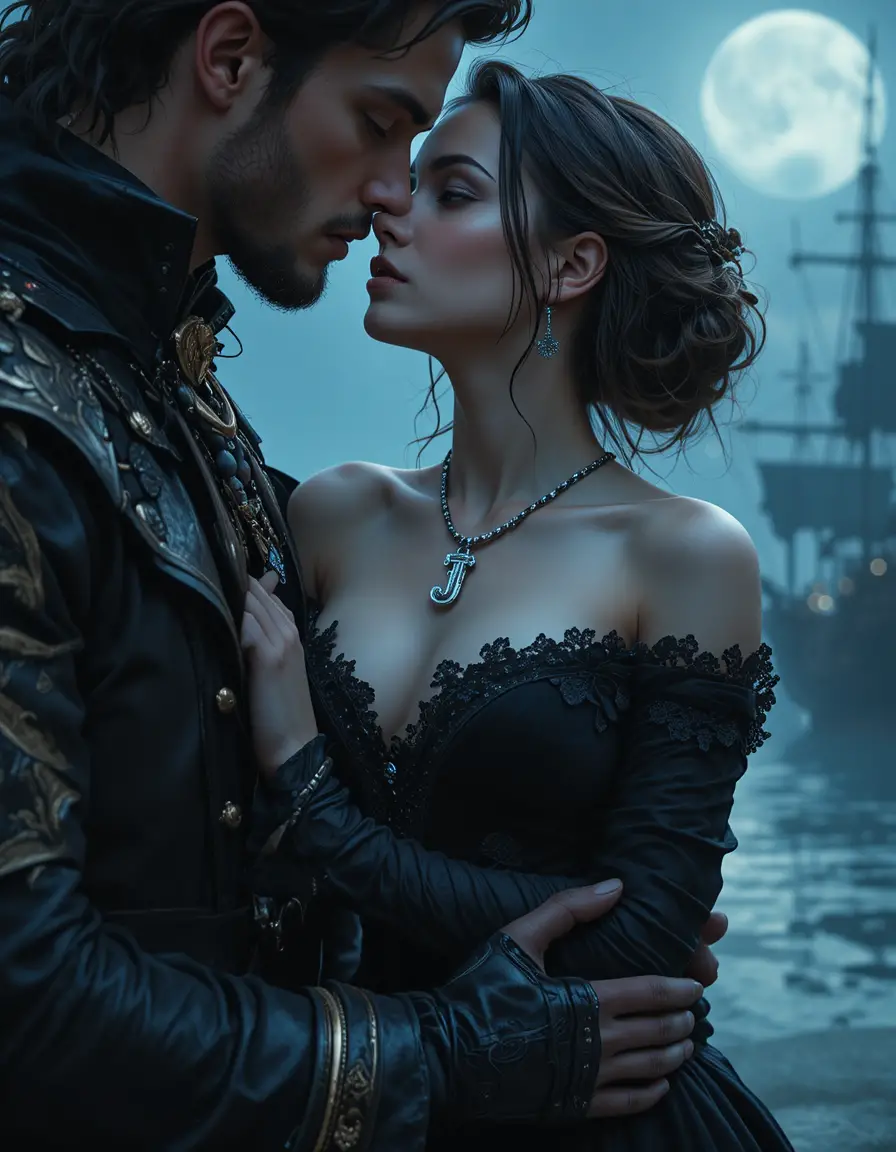 Gothic woman and pirate prince in a moonlit embrace