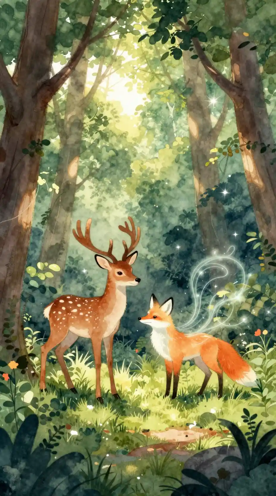 Watercolor forest glade with deer and spectral fox