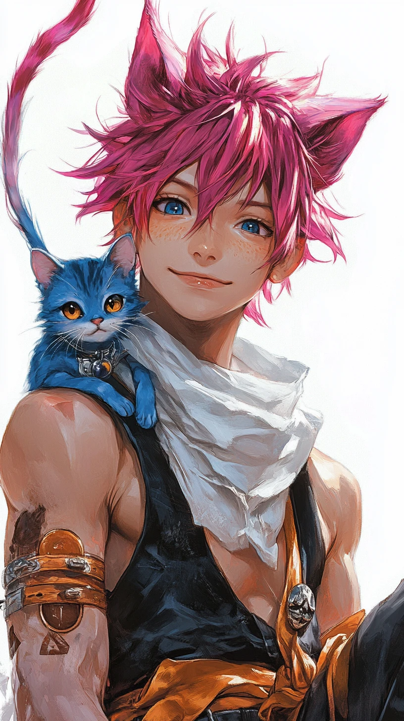 Herói de anime de cabelo rosa com gato azul alado como companheiro