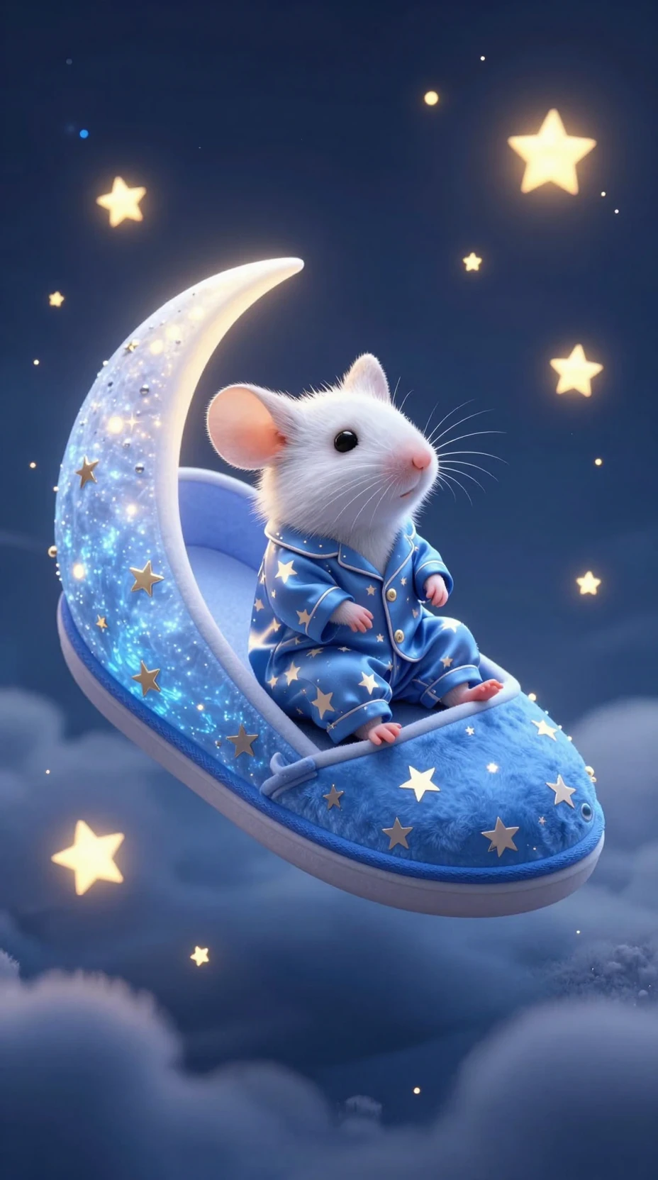 光る月のスリッパに座る小さなネズミとベルベット雲