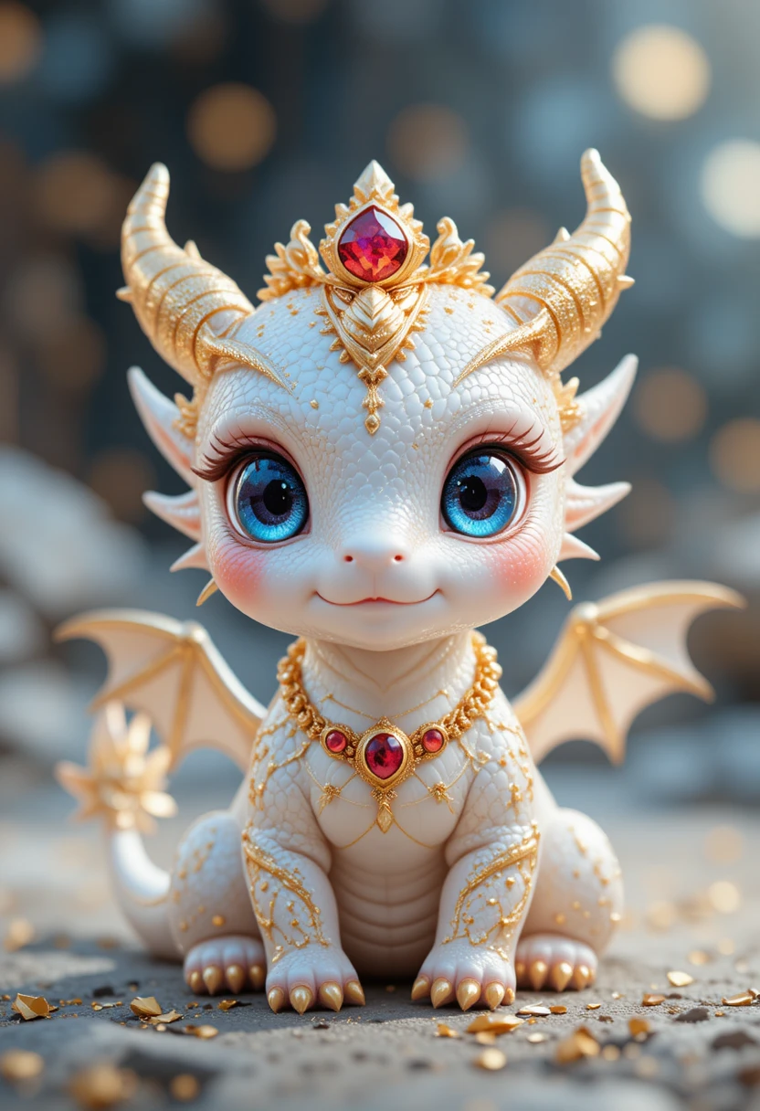 Niedliches Chibi-Baby-Drachen-Plüschtier mit goldener Krone und Edelsteinen