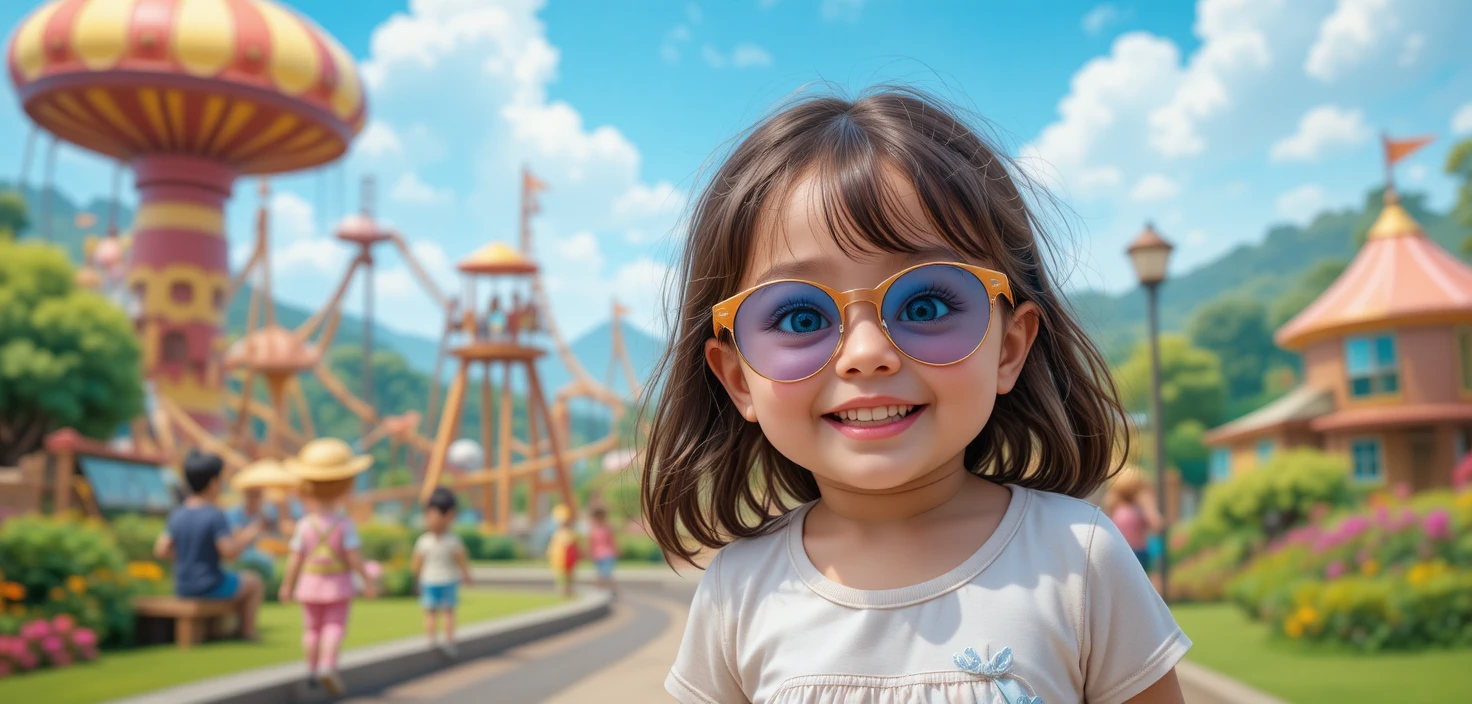 Petite fille enjouée dans un parc d’attractions coloré