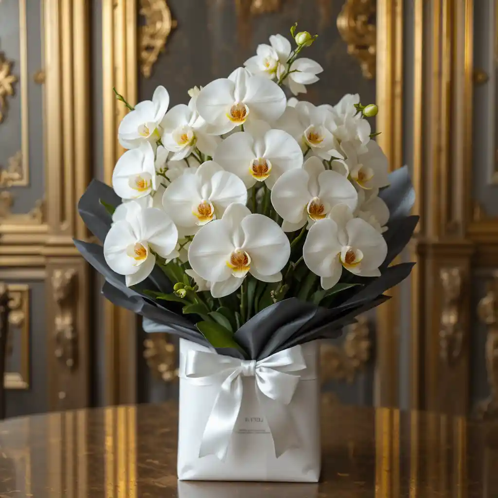 Buquê de orquídeas brancas sobre fundo de mesa dourada real
