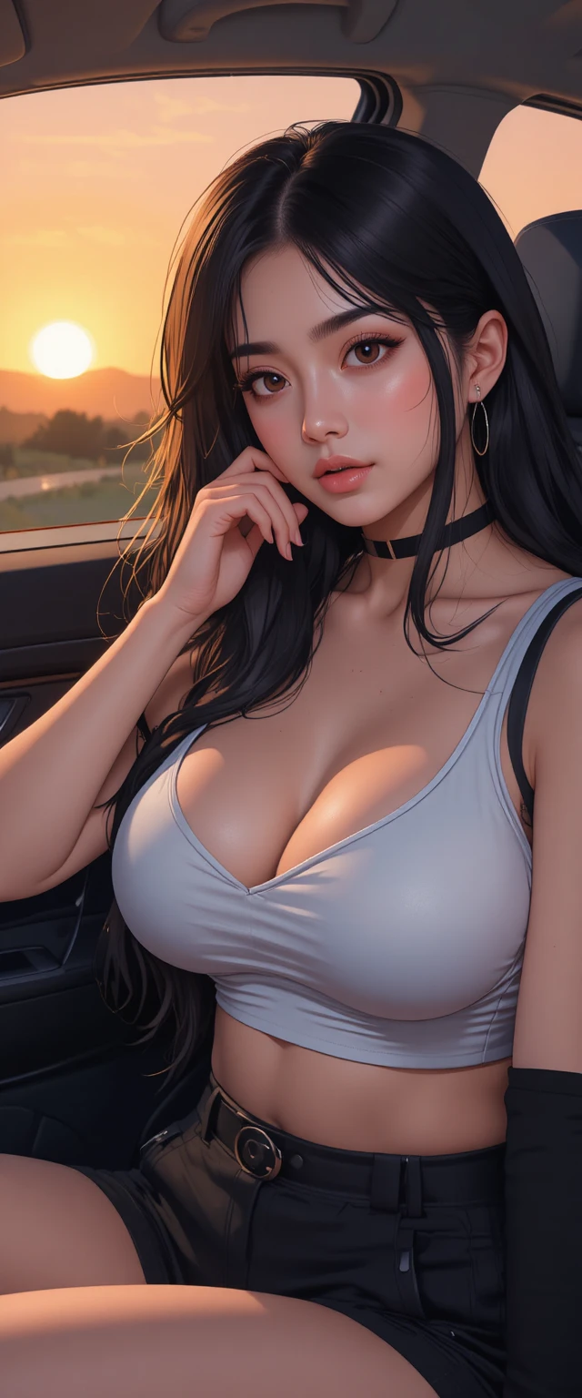 Femme d’anime se relaxant dans une voiture au coucher de soleil chaleureux