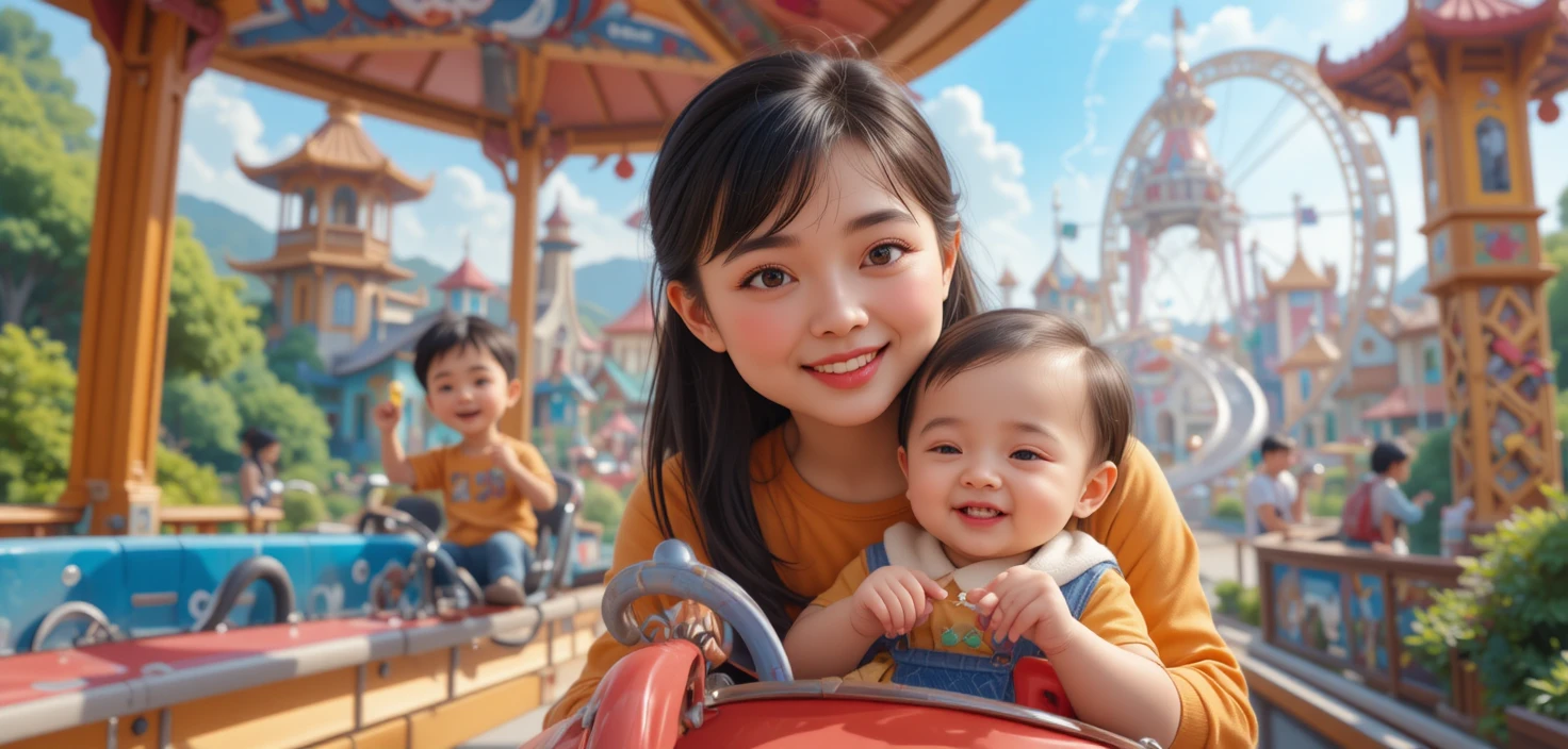 Familles profitant des manèges dans une illustration de parc d’attractions ludique