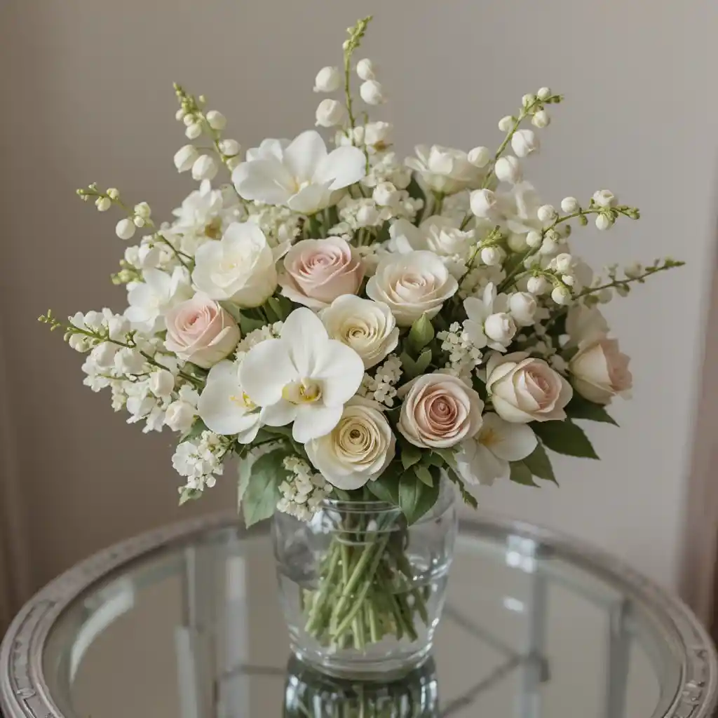 Luxuriöser Blumenstrauß auf silberner Glastischoberfläche